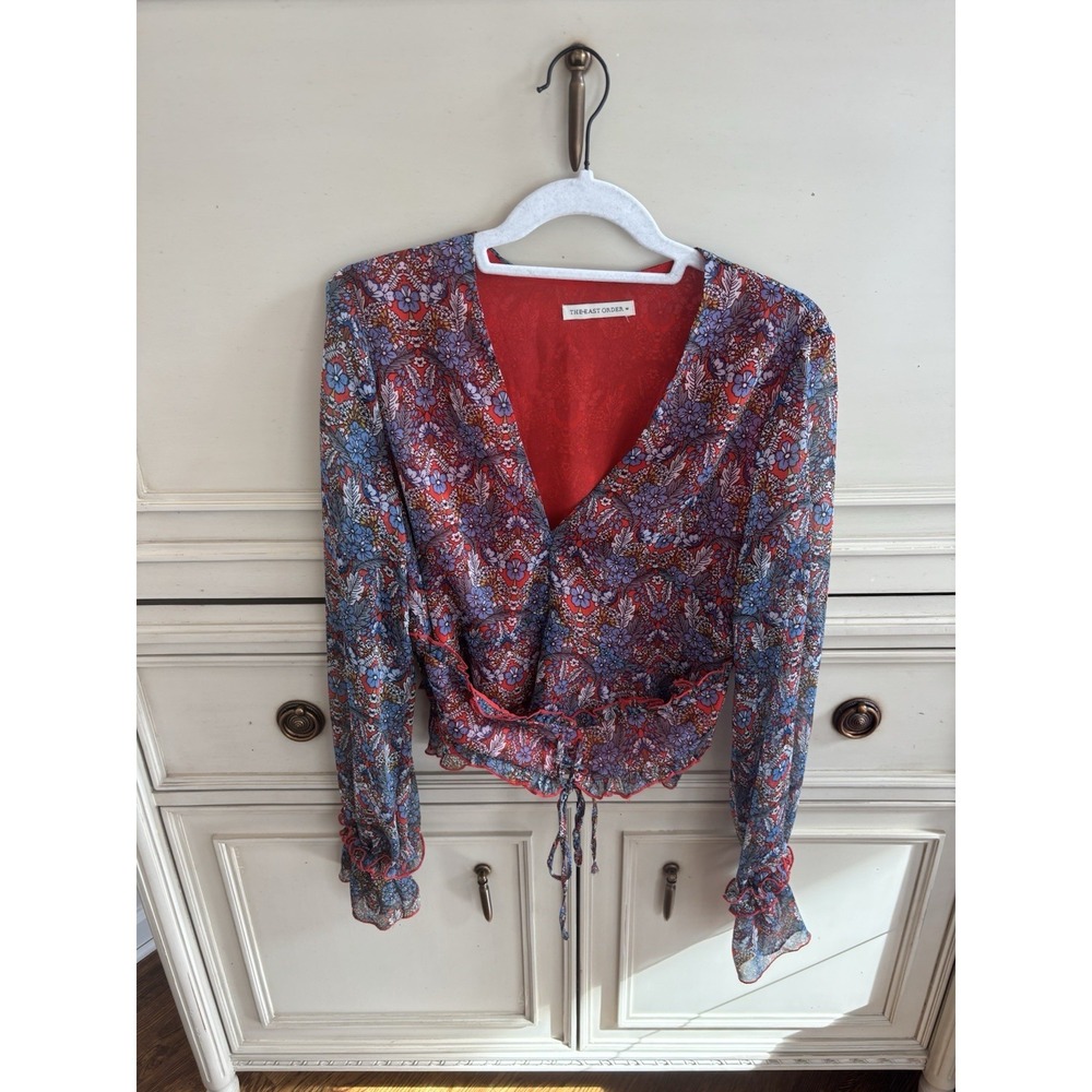 The East‎ Order Floral Long Sleeve Blouse Blue Red Paisley Sheer Sleeve Medium